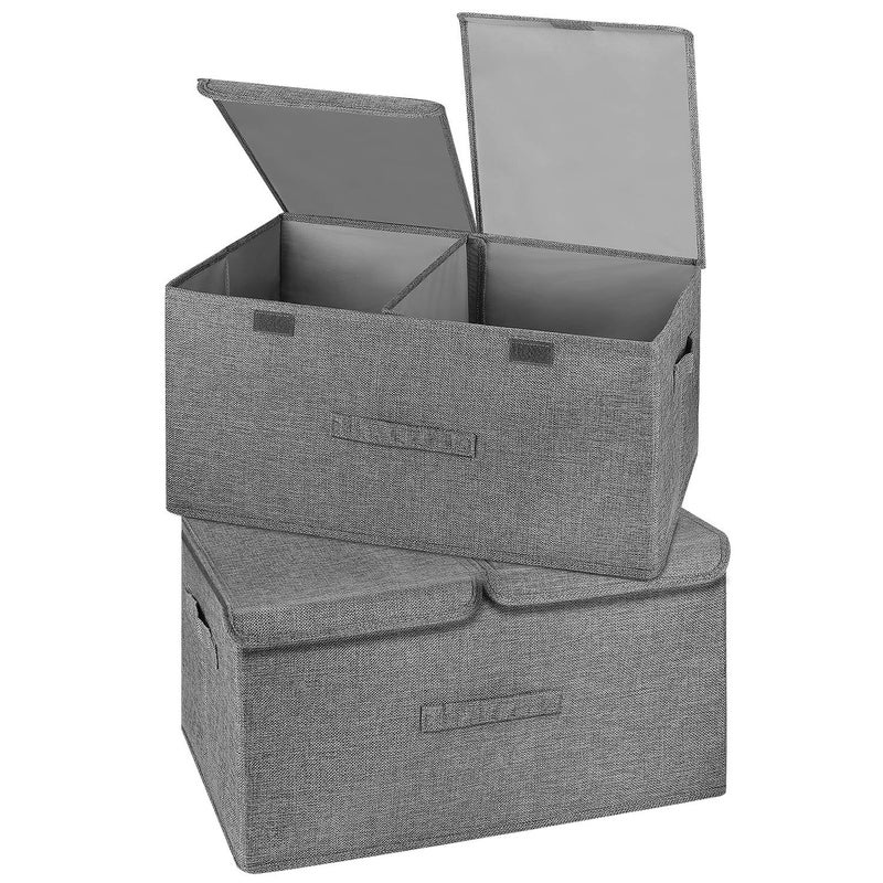 Valease 2 Pack Large Storage Boxes with Lids and Handles, Collapsible Linen Storage Bins Organizer Containers Baskets Cube with Removable Divider for Home Bedroom Closet Office (Grey, Large) - Image 1